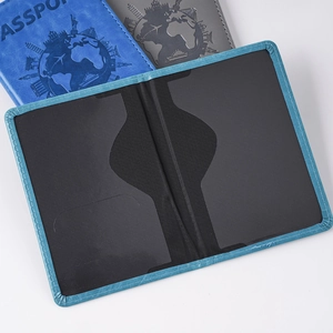 Detail view of universal PU leather passport cover with world map embossed pattern