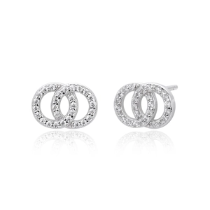 Macro shot of interlocking silver loops earrings with shiny pavé cubic zirconia