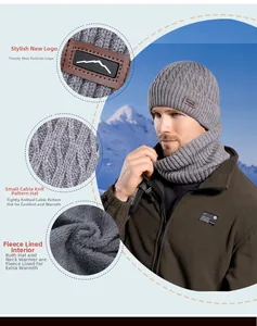 Detail of gray winter knit hat set showing mountain logo, cable texture, and fleece lining