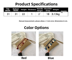 Detailed size specifications of ultra-thin straw envelope clutch with tassel details