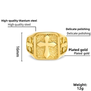 Macro detail of golden stainless steel cross ring showing 16mm width and 12g weight specifications