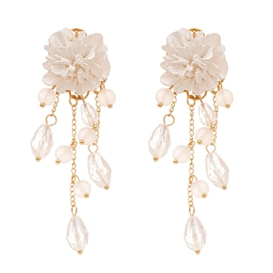 Elegant white acrylic flower earrings with gold tassel chains and crystal beads