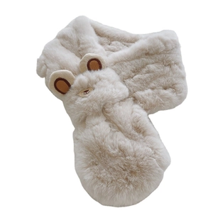 Cute beige plush faux fur scarf for women featuring fluffy bear ears and smiling face