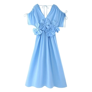 Blue V-neck maxi dress with 3D floral waist details and halter neck for vacations