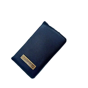 Classic deep blue long wallet with litchi texture and elegant gold metal logo plate