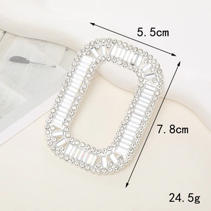 Detail of silver rhinestone square buckle showing 5.5cm width and 7.8cm height dimensions
