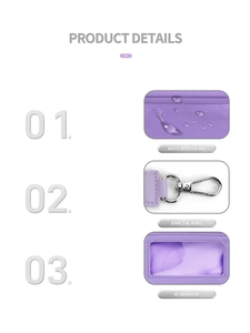 Bolso de muñeca violeta con tela impermeable, gancho metálico y ventana transparente de ID