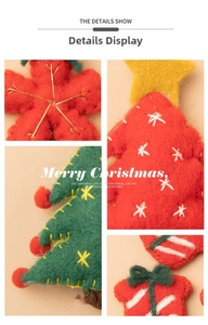 Detail of handmade wool felt Christmas ornaments with star and tree embroidery