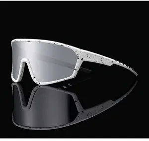 Detail view of sport sunglasses with white marble frame and large silver reflective lens