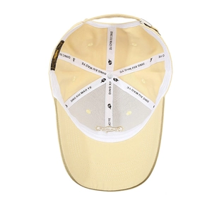 Beige cotton baseball cap with embroidered letters and adjustable metal buckle
