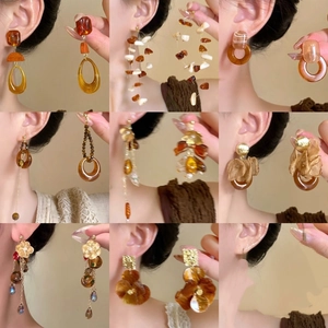 Vintage Maillard Style Resin Acrylic Drop Earrings For Women With 925 Sterling Silver Earring Post Amber Geometric