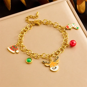 Bracciale natalizio in acciaio inossidabile dorato con ciondoli smaltati di alce e calza