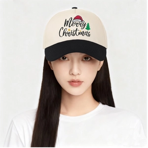 Front view of two-tone baseball cap with Merry Christmas embroidery worn by a model