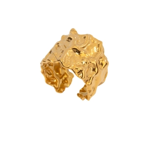Irregular textured gold flower ring in stainless steel with a bold adjustable open band