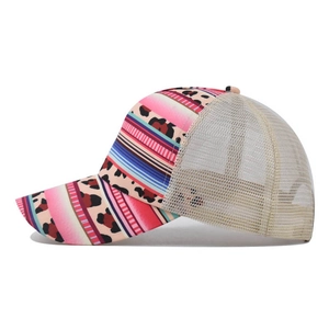 Women's ponytail baseball cap featuring leopard print, colorful stripes, and breathable mesh