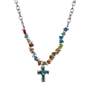 Bohemian silver cross necklace with colorful crushed stones and cyan heart gemstone
