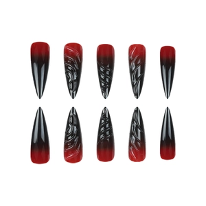 Faux ongles stiletto 3D avec dégradé rouge et noir, ensemble de 10 pièces