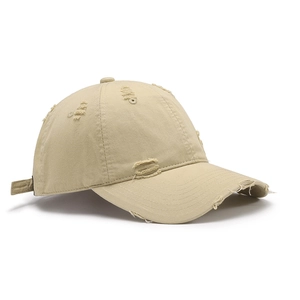 Beige distressed baseball cap for men with retro torn holes and outdoor street style