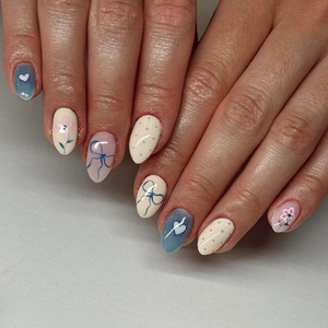 Press On Nails Blue White Heart Polka Dot Bow Flower Print Long Almond Shape French Style False Nail Tips For Women