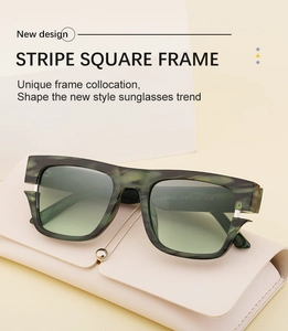 Detail of stripe square sunglasses in dark green on a premium leather case