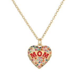 Gold heart MOM pendant necklace with colorful cubic zirconia and red enamel inlay