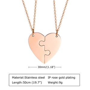 Detailed specs of rose gold stainless steel heart puzzle necklace with chain measurements