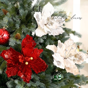 Velvet Artificial Christmas Flowers Shimmering Glitter Poinsettia For Tree Decoration Holiday Party Home DIY Ornament