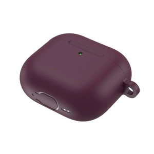 Detail of purple silicone AirPods 4 case with side lanyard hole and status light cutout