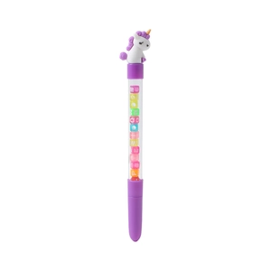 Detail of purple unicorn gel pen with transparent barrel filled with colorful letter beads