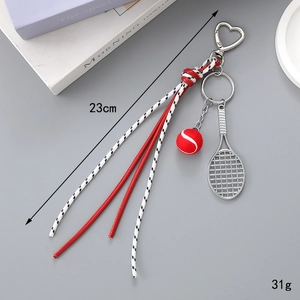 Tennis racket keychain with red ball and braided rope, length 23cm, weight 31g detail