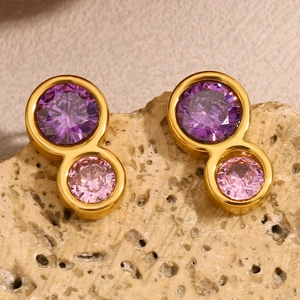 Stainless Steel Geometric 8 Shape Stud Earrings For Women With 18K Gold Plating Purple And Pink Round Cubic Zirconia
