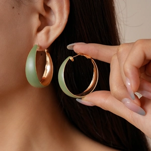 Retro wide teardrop hoop earrings in matte bean sand green and polished gold finish