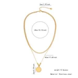 Detail view of double-layer gold stainless steel necklace with coin pendant and dimensions