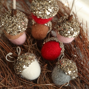 Felt acorn ornaments with gold sequins for Christmas tree decoration in various colors