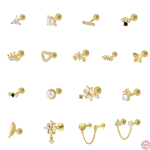 925 Sterling Silver Ear Cartilage Stud Geometric Zirconia Artificial Pearl Body Piercing Jewelry For Women Gold Plated Elegant