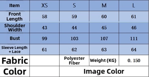 Size chart for women's lace patchwork shirt with measurements in cm for XS to L sizes