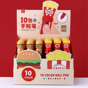 Detail of 10-color shuttle ballpoint pen featuring cute burger and fries designs