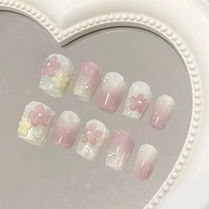 Handmade Press On Nails Short Square Pink White Gradient Cat Eye Glitter 3D Flower Artificial Pearl Elegant Sweet False Nails