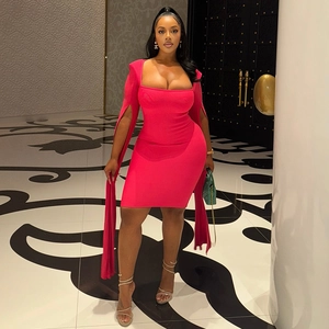 Hot pink slim-fit mini dress with elegant cape sleeves and chic square neckline