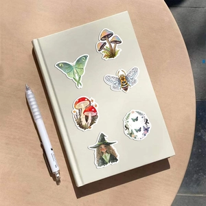 50pcs waterproof forest witch stickers with butterflies and mushrooms on a notebook