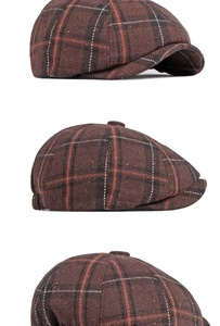 Vertical view of retro dark brown plaid newsboy cap showing wool tweed fabric texture