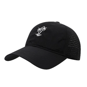 Quick-dry breathable mesh baseball cap with white palm tree embroidery in black color