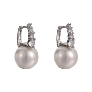 Elegant silver pearl drop earrings with sparkling cubic zirconia on a white background