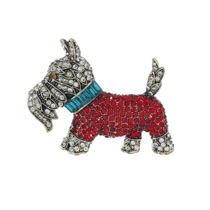 Scottish Terrier dog brooch with red and white pavé crystals and blue collar detail