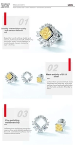 Detail of S925 silver stud earring with yellow ice-cut carbon diamond and micro-paving