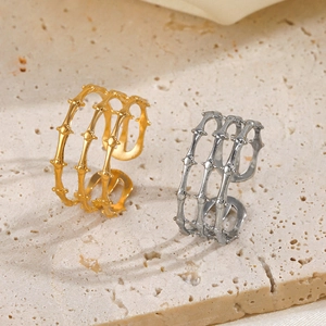 Three-layer adjustable bamboo-style open rings in 18K gold and silver stainless steel