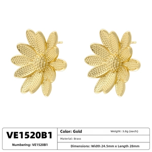 Macro detail of gold daisy earrings in brass showing texture and size of 24.5mm x 28mm