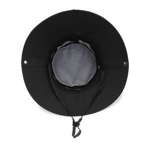 Men's outdoor breathable sun hat in black with white mesh lining and windproof strap
