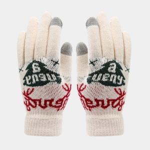 Close-up of cream knit gloves with Christmas deer pattern and grey touchscreen fingertips