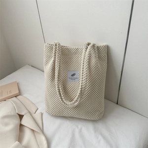 Waffle Texture Knit Tote Bag Corduroy Large Capacity Shoulder Handbag For Women Casual Retro Korean Style